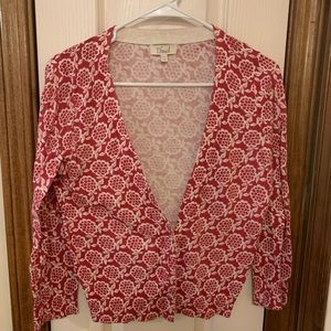Fossil raspberry printed cardigan with faux crystal buttons, size medium